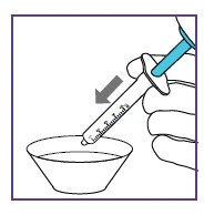 A hand holding a syringe with needle pointing toward a bowl containing transparent liquid with a gray arrow pointing downward