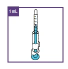 Technical drawing of a 1 ml syringe containing blue liquid with graduated scale and plunger positioned on a white background