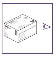 Technical drawing of a white medication box with text and symbols next to a