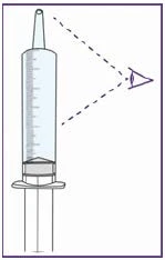 Technical drawing of a transparent syringe with graduated scale and an eye observing the liquid level