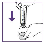 A hand pressing the plunger of a syringe downward to aspirate liquid from a vial held by another hand