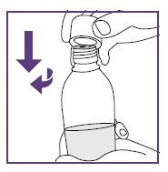 A hand pressing a cap down on a medical vial with a vertical arrow and a curved arrow indicating the movement