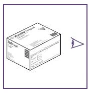 Perspective technical drawing of a white medication box with black text and a stylized eye symbol on the right
