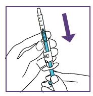 A hand holding a blue and white injection pen while a purple arrow indicates a downward pressing movement