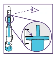 Medical diagram showing a magnified view of the graduated scale on an injection device with an arrow pointing to a black mark