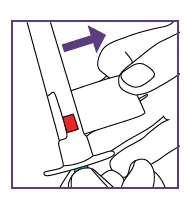 Technical drawing showing a hand moving a medical device sideways with a red indicator moving to the right indicated by a purple arrow