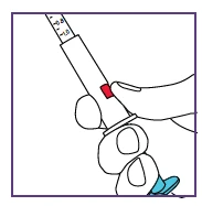 A hand holding a medical injection pen with a visible graduated scale on top and a central red button