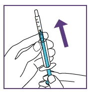 A hand holding a blue syringe with a purple arrow pointing downward