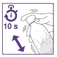 Stylized drawing of a hand shaking a vial with a stopwatch and the text '10 s' indicating the mixing duration