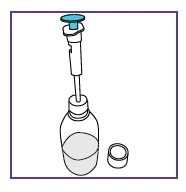 Syringe with blue plunger inserted into the neck of a glass vial containing liquid, with the removed cap beside it
