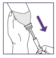 Illustration of a hand holding a syringe with a dosage indicator and a purple arrow pointing downward toward the base