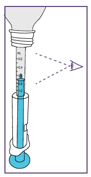 Diagram of a syringe with blue liquid and graduated markings showing the