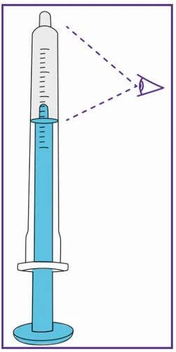 Technical drawing of a syringe with blue liquid and graduated marks viewed frontally by a stylized eye on the right