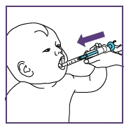 Line drawing of a newborn with an open mouth while a hand inserts a needle-free syringe to administer medication orally