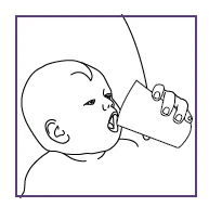 Black line drawing of a newborn drinking from a tilted glass held by a hand with fingers wrapped around the container