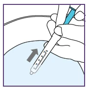 A hand holding an injection pen with a gray arrow indicating downward movement for administration