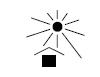 Stylized black symbol with a radiant sun above a roof-shaped form and an underlying square on a white background