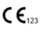 European conformity CE mark followed by identification number 123 in black characters on a white background