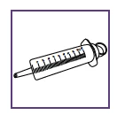 Stylized drawing of a syringe with millimeter graduations and needle pointing to the left on a white background with a purple border
