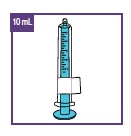 Technical drawing of a blue 10 ml syringe with black graduated scale and plunger, enclosed in a purple frame on a white background