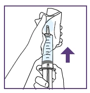 A hand holding a syringe with a cloth to clean it while a purple arrow indicates a downward movement