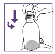 A hand pressing the cap down on a vial while a curved arrow indicates a rotational movement to open it