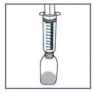 Technical drawing of a syringe with transparent liquid inserted into a glass vial containing gray powder