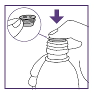 A hand pressing a cap onto a vial with a downward arrow and a magnified view showing the cap detail fitting into the container neck