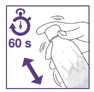 Stylized drawing of a hand shaking a vial with a stopwatch and a double-headed arrow indicating movement for 60 seconds
