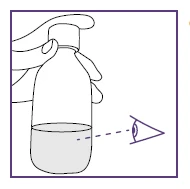 A hand holding a glass vial containing liquid while an eye observes the content level through a dashed line