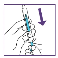 A hand holding a syringe with blue liquid while a purple arrow indicates downward movement to push the plunger