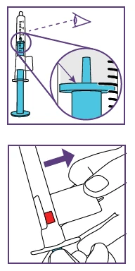 Diagram showing a syringe with magnified plunger and a hand pressing the top part of the medical device