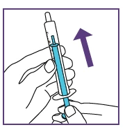A hand holding a syringe with blue liquid and a purple arrow indicating movement toward the