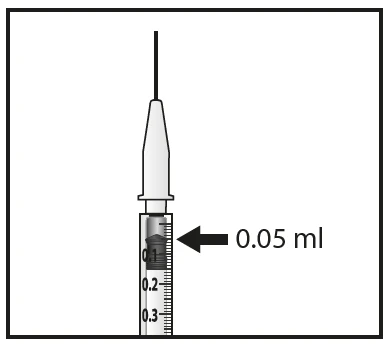 Jeringa con aguja y escala graduada que indica el nivel del líquido en 0,05 ml con una flecha horizontal negra apuntando hacia la marca