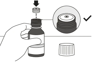 Diagrama que muestra una mano que enrosca una tapa en un frasco médico con un aumento del detalle y una marca de verificación negra