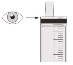 Diagrama que muestra un ojo estilizado con una flecha que apunta hacia la parte superior de una jeringa graduada con el émbolo insertado