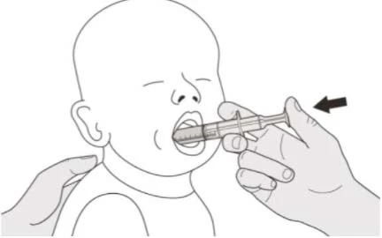 Dibujo lineal de un recién nacido con una jeringa sin aguja insertada en la boca mientras una mano lo sostiene y el