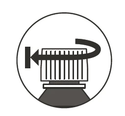 Icono circular que muestra una flecha curva girando alrededor de un recipiente con rayas verticales para indicar el movimiento de rotación