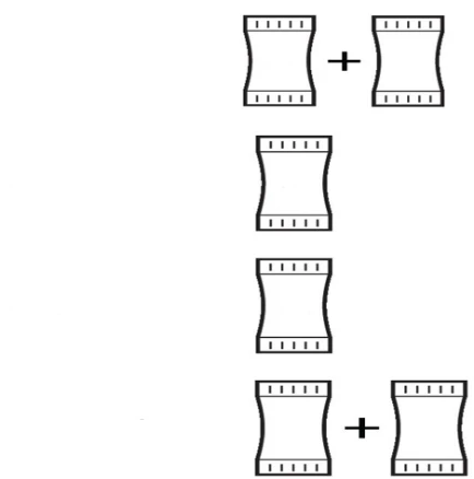 Esquema gráfico con símbolos de dos rectángulos curvos acompañados por un signo más, dispuestos en tres filas sobre fondo blanco
