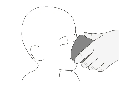 Dibujo lineal de la cabeza de un niño con una mano que sostiene un frasco o recipiente cerca de la boca para la