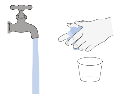 Dibujo de un grifo abierto con agua corriendo, una mano que se lava y un vaso vacío debajo sobre fondo blanco