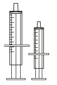Dibujo esquemático en blanco y negro de dos jeringas médicas de diferentes tamaños con graduaciones laterales y émbolos extraíbles