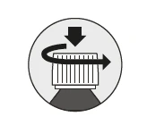 Icono circular con flecha negra hacia abajo y flecha curva que indica un movimiento rotatorio sobre un objeto con rayas verticales