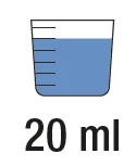 Dibujo estilizado de un vaso con líquido azul hasta la cuarta marca graduada sobre el texto negro 20 ml