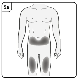 Diagrama del cuerpo humano masculino con áreas oscuras que indican las zonas de aplicación en la