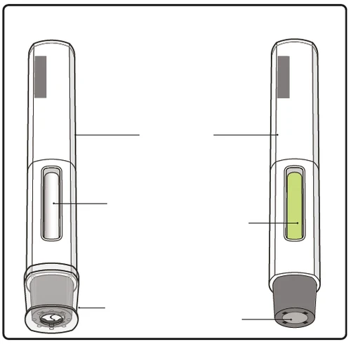 Diagrama técnico de dos plumas inyectoras médicas con líneas indicadoras que señalan al cuerpo, la ventana de control y la punta de la
