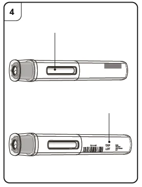 Dibujo técnico de dos plumas de inyección horizontales que muestran la ventana de control y las inscripciones relativas al lote y a la fecha de caducidad