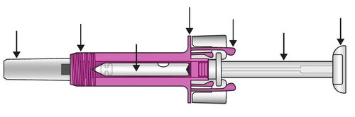 Diagrama técnico de una jeringa con cuerpo rosa y émbolo blanco, con flechas negras que indican los diversos componentes y partes del dispositivo