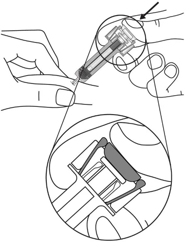 Dibujo técnico que muestra dos manos que sostienen una jeringa para la