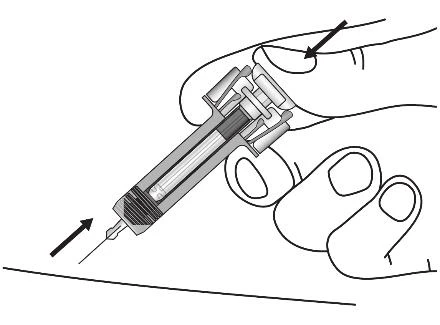 Una mano sostiene una jeringa con el pulgar en la parte superior y flechas indican la presión hacia abajo y la dirección del
